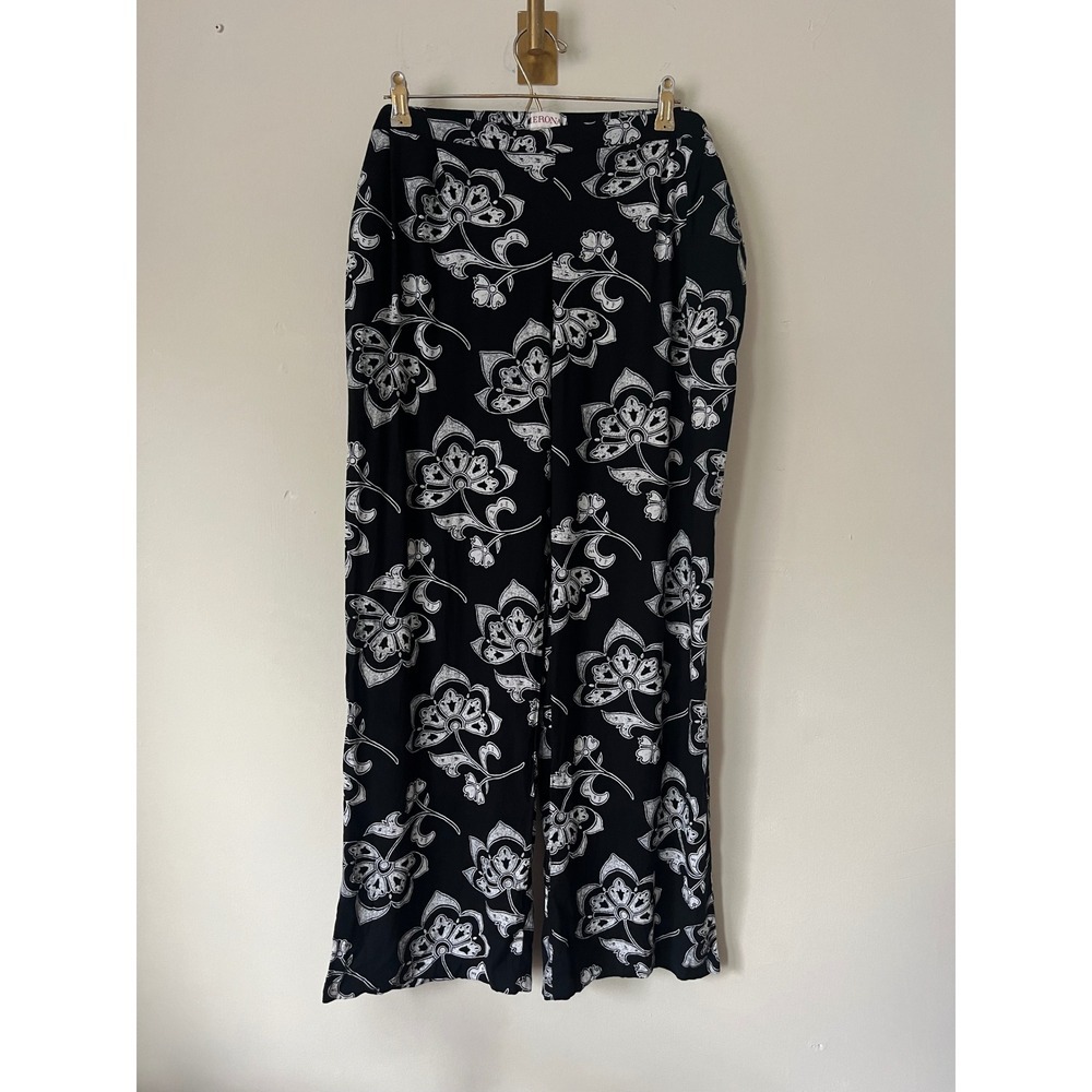 Merona Womens Black White Floral Wide Leg Pull On Pants Neutral Vacations XL